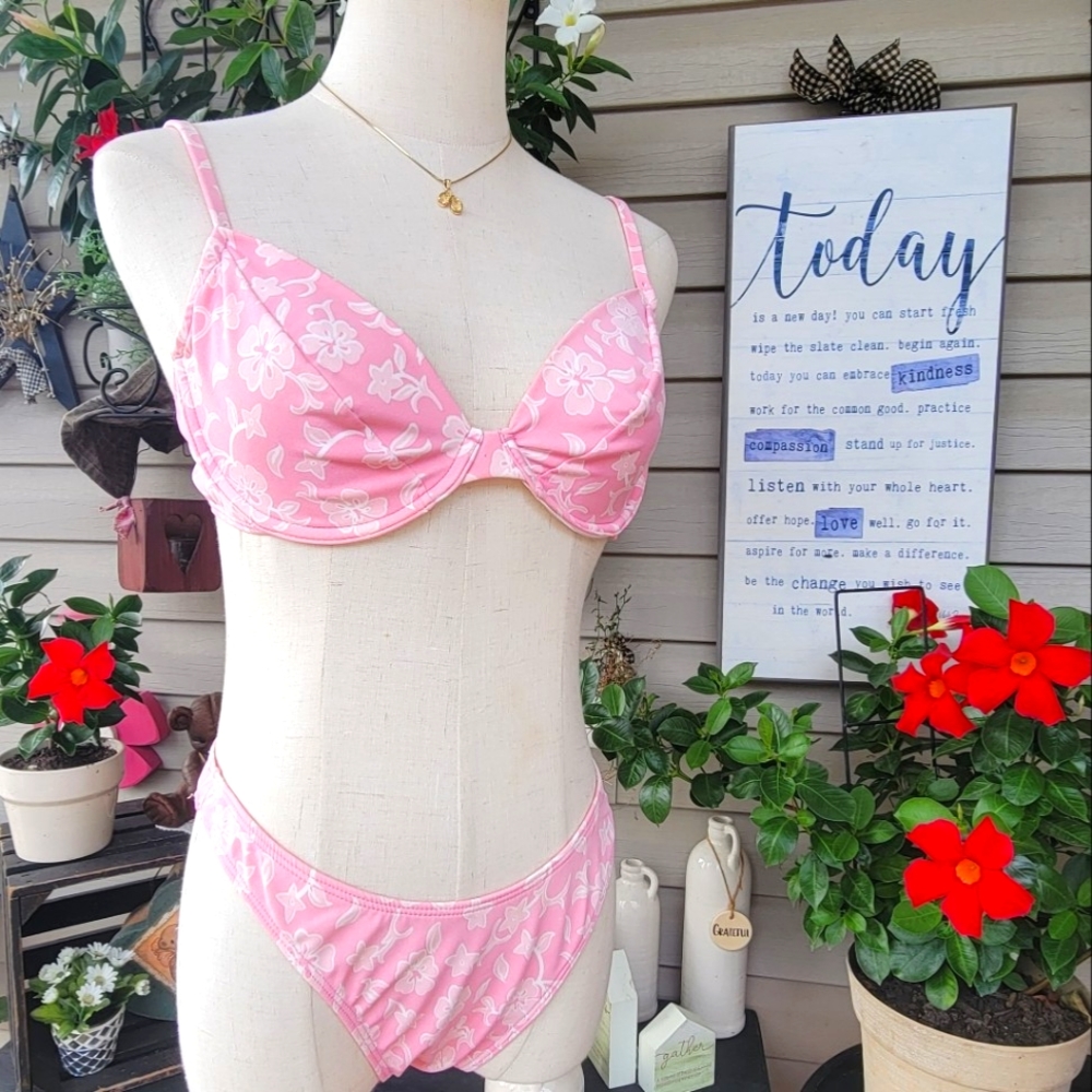 SEASTAR ♡ Beautiful Vintage 2pc Pink 'n White Floral Underwire Bikini Swimsuit 8